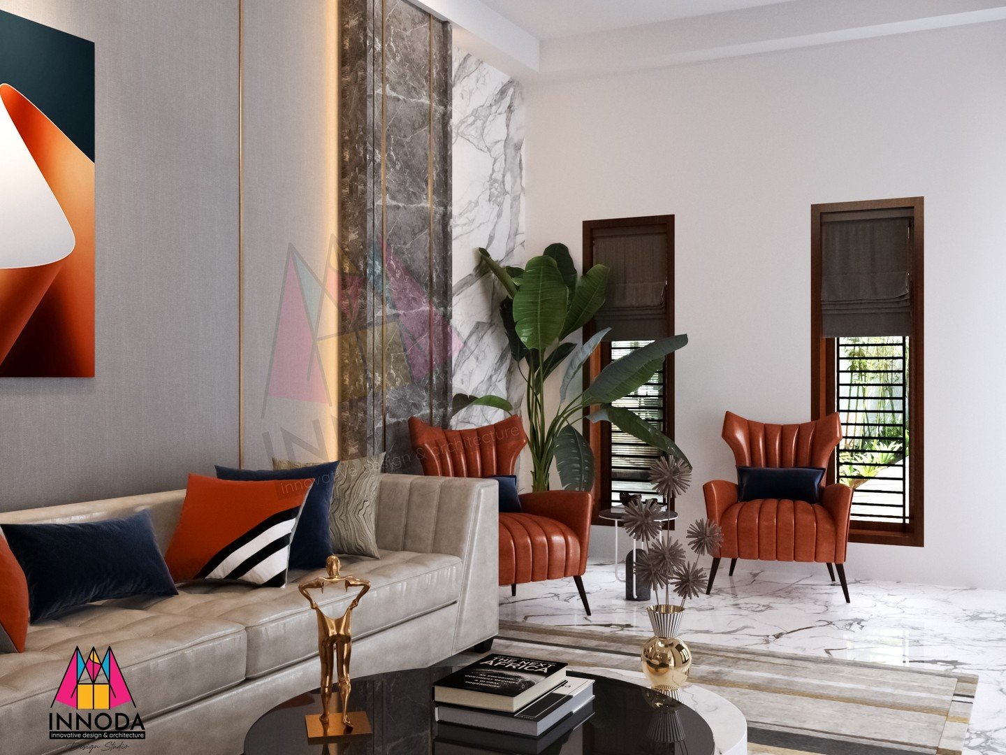 Modern living room with marble fireplace and curated art